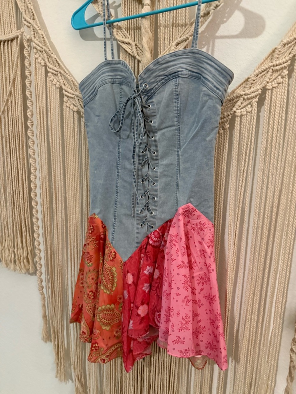 Dolls Kill Denim Corset Mini Dress with Pink & Red Floral Panels
